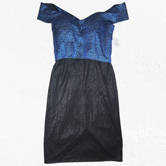 Rene Ruiz Collection Blue Black Off the Shoulder Tiered Ruffle Midi Dress Size 8 - Picture 2 of 13